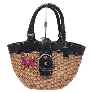 COACH Butterfly Straw Bag 6270 Beige Black Rattan Leather - Handbag